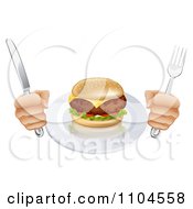 Poster, Art Print Of Hungry Persons Hands Holding Silverware By A Cheeseburger