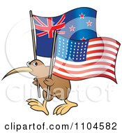 Poster, Art Print Of Kiwi Bird With New Zealand And American Flags
