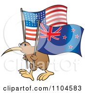 Poster, Art Print Of Kiwi Bird With New Zealand And Usa Flags
