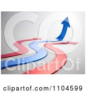 Clipart 3d Blue Arrow Curving Upwards Between Red Curvy Arrows On Gray Royalty Free CGI Illustration