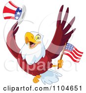 Happy American Bald Eagle With A Top Hat And Flag