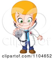 Poster, Art Print Of Happy Blond Doctor Boy Holding Out A Stethoscope