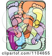 Clipart Colorful Diverse Foot Prints Over Green With A Black Rounded Frame Royalty Free Vector Illustration by David Rey