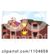 Poster, Art Print Of Rescue Dog With A Baby On Its Back Leaping From A Burning Building Over A Partial Sky Background
