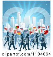 Clipart International Business People With Flag Chat Balloons Walking By A City Over Blue Royalty Free Vector Illustration by AtStockIllustration