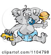 Poster, Art Print Of Grumpy Baby Koala With A Pacifier Toy Car And Rattle