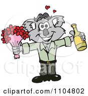 Romantic Courting Koala With Champagne And Flowers