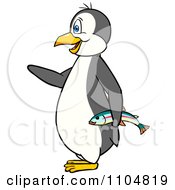Clipart Happy Penguin Holding A Fish In Profile Royalty Free Vector Illustration