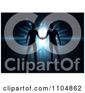 Silhouetted Business Men Shaking Hands Over A Glowing Blue Key Hole On Black