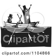 Clipart Two Men In Top Hats In A Row Boat Over Fish Black And White Woodcut Royalty Free Vector Illustration by xunantunich