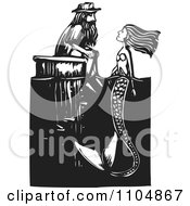 Mermaid And Man Gazing At Each Other At A Dock Black And White Woodcut