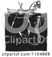 Clipart Girl Looking At A Mermaid Over The Front Of A Row Boat Black And White Woodcut Royalty Free Vector Illustration