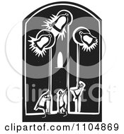 Poster, Art Print Of People Ringing Church Bells In A Belfry Black And White Woodcut