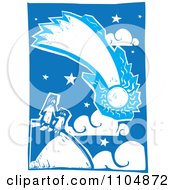 Poster, Art Print Of Mother And Child Watching A Comet Blue And White Woodcut