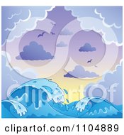 Clipart Blue Ocean Waves And Splashes With Gulls Clouds And A Gradient Sky Royalty Free Vector Illustration