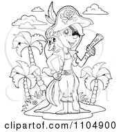 Poster, Art Print Of Outlined Female Pirate With A Bird And Pistol On An Island