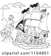 Poster, Art Print Of Outlined Parrot And Pirate Ship Near A Tropical Island