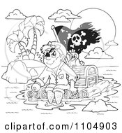 Outlined Hook Hand Pirate And Parrot On A Raft With Treasure