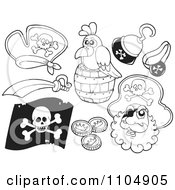 Outlined Pirate Hat Parrot Hook Hand Sword Flag And Coins