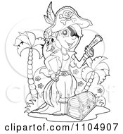Poster, Art Print Of Outlined Female Pirate With A Treasure Chest Bird And Pistol On An Island