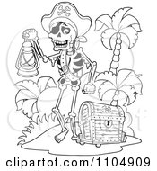 Poster, Art Print Of Outlined Skeleton Pirate Carrying A Lamp On A Beach With A Treasure Chest