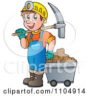 Poster, Art Print Of Happy Miner With A Cart And Pickaxe