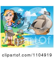 Poster, Art Print Of Female Pirate On A Beach With A Parrot And Treasure Chest And Her Ship In The Background