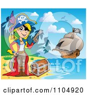 Poster, Art Print Of Female Pirate On A Beach With Treasure And Her Ship In The Background