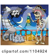Poster, Art Print Of Skeleton Pirate Carrying A Lantern On Deck By A Cannon At Night