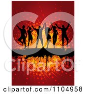 Poster, Art Print Of Silhouetted Dancers Over A Grunge Bar Over A Star Burst On Red