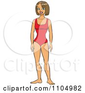Clipart Happy White Woman In A Red One Piece Swimsuit Royalty Free Vector Illustration