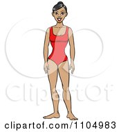 Poster, Art Print Of Happy Asian Woman In A Red One Piece Swimsuit