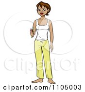 Clipart Brunette Woman Holding A Toothbrush Paste And Wearing Pajamas Royalty Free Vector Illustration