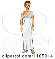 Brunette Woman Standing In A White Evening Gown