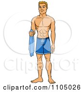 Poster, Art Print Of Muscular White Man In Swim Trunks Holding A Towel