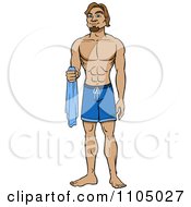 Muscular Caucasian Man In Swim Trunks Holding A Towel