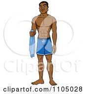 Muscular Black Man In Swim Trunks Holding A Towel