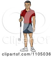Clipart Happy Asian Man Holding A Golf Club Royalty Free Vector Illustration