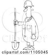 Poster, Art Print Of Outlined Construction Worker Man Holding A Shovel