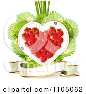 Poster, Art Print Of Strawberry Heart With Blossoms Leaves And A Ribbon Banner On White