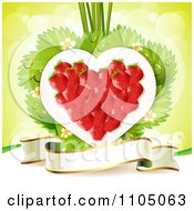 Poster, Art Print Of Strawberry Heart With Blossoms Leaves And A Ribbon Banner On Green