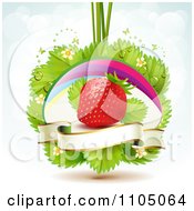 Poster, Art Print Of Strawberry With Dewy Leaves Blossoms Butterflies And A Blank Banner Over Blue And White