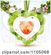 Poster, Art Print Of Dewy Orange Heart With Ladybugs Over Strawberry Leaves With Blossoms