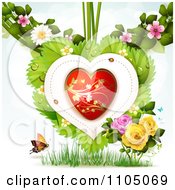 Poster, Art Print Of Red And Gold Heart With Ladybugs Over Leaves With Blossoms Roses Grass And A Butterfly