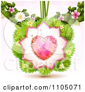 Poster, Art Print Of Dewy Pink Heart And Petals With Ladybugs Leaves And Blossoms