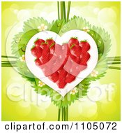 Poster, Art Print Of Strawberry Heart With Dewy Leaves Blossoms And Twine On Green
