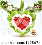 Poster, Art Print Of Strawberry Heart With Dewy Leaves Blossoms And A Butterfly On White