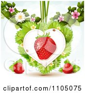Poster, Art Print Of Strawberry Heart With Dewy Leaves Blossoms On White