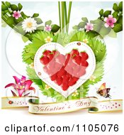 Poster, Art Print Of Strawberry Heart With Dewy Leaves Blossoms And A Valentines Day Banner