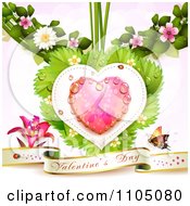 Poster, Art Print Of Valentines Banner With A Lily And Butterfly Under A Dewy Pink Heart With Ladybugs Leaves And Blossoms